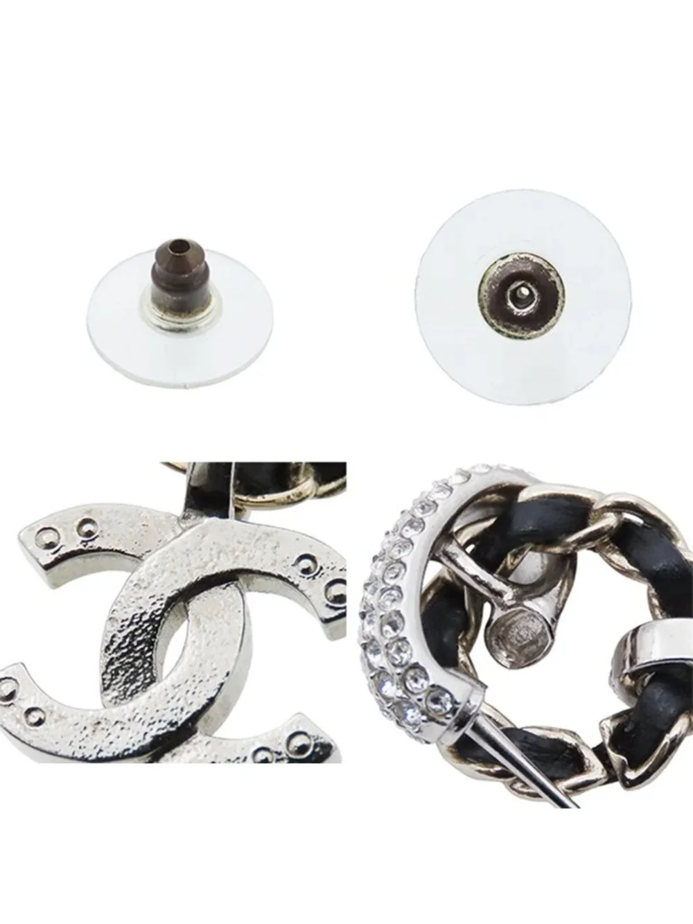 Chanel Earrings Silver Gold Metal Leather Rhinestone CC Logo Costume